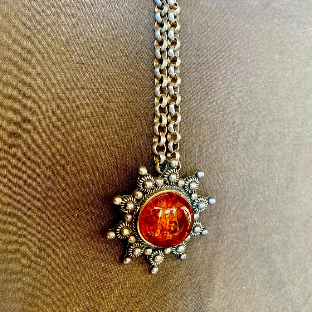 Elegant 925 Silver and Amber Pendant Enhancer & Necklace